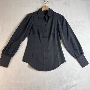 Boston Proper Shirt Womens XXS Black Button Up Puff Sleeve Collared Fitted